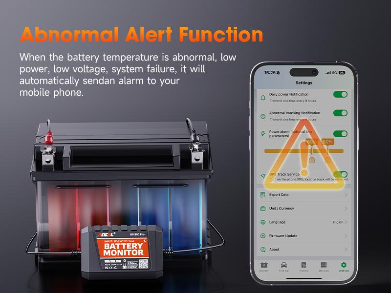 ANCEL BM300 Pro 6V 12V 24V Battery Monitor - Bluetooth 5.3 Battery Monitor with Charging, Cranking System Test & Alarm - IP67 Waterproof Voltmeter for Trucks, Cars, Motorcycles, Boats