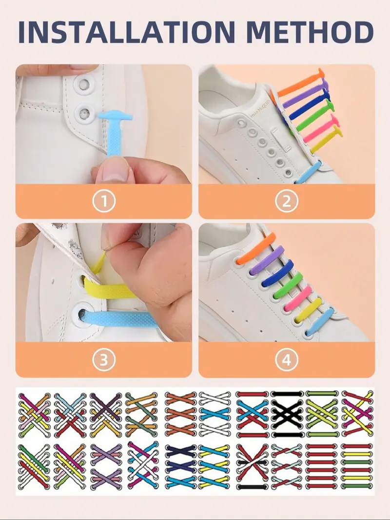 16-Piece Silicone Laces Shoelaces No-Tie Elastic Shoe Straps, Multicolor for Ice Skates Sports Shoes Casual Sneakers Stretchy Shoelaces Shoe Strings for Sneakers
