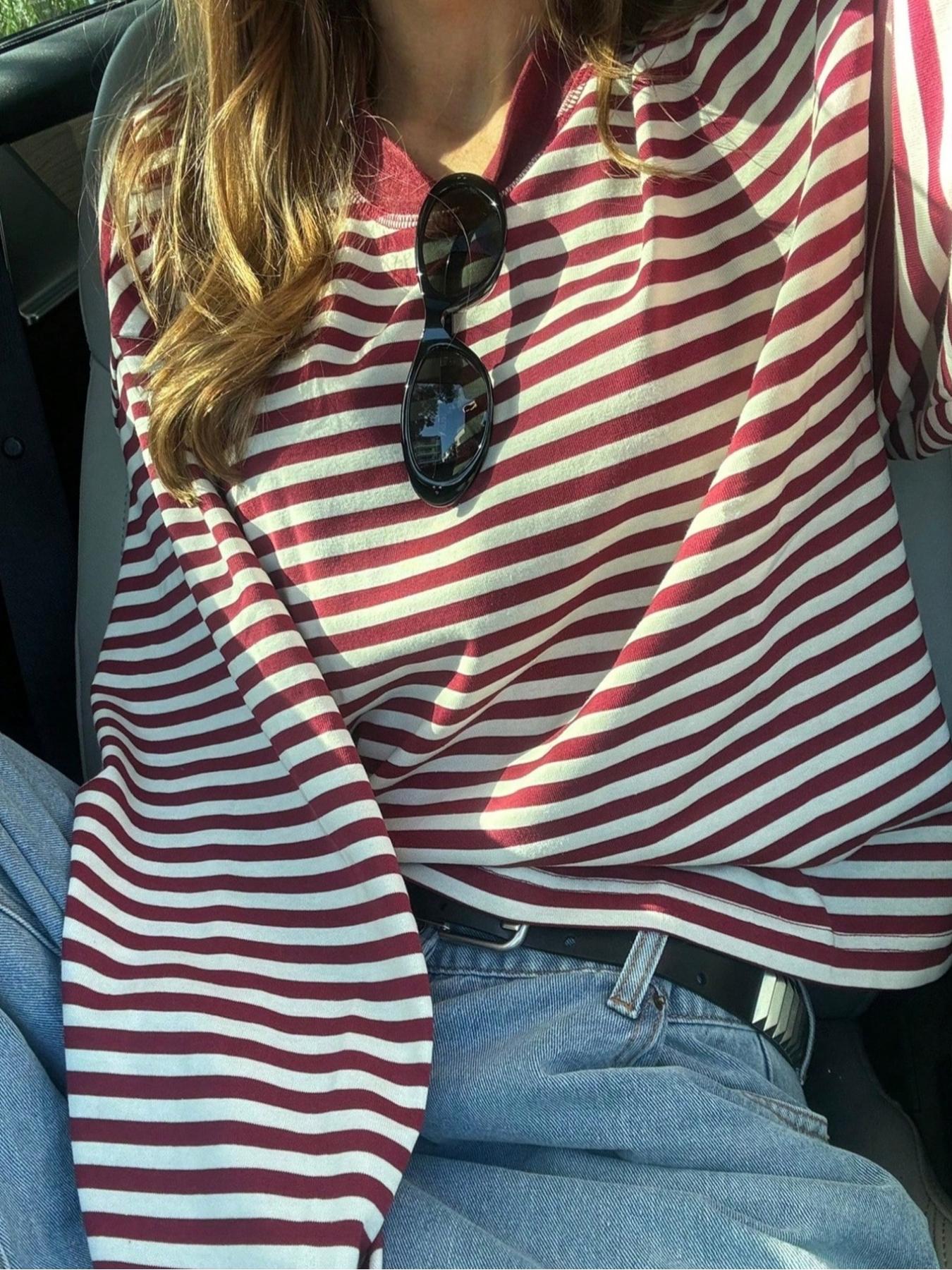 Women's Casual Loose-Fit Striped Long Sleeve Oversized Top, Trendy Street Style Round Neck Pullover Womenswear