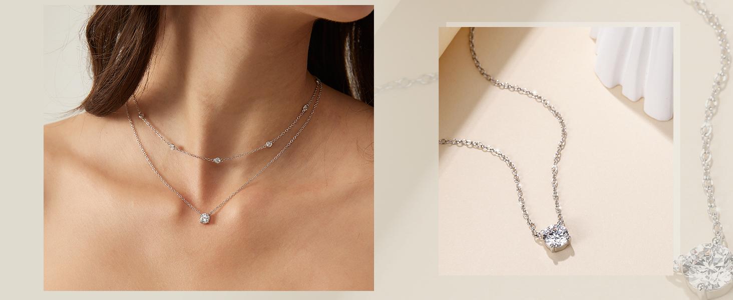 1 Carat CZ Solitaire Tennis Necklace for Women| 925 Sterling Silver Round Cut Cubic Zirconia, Elegant Everyday & Anniversary Jewelry Gift