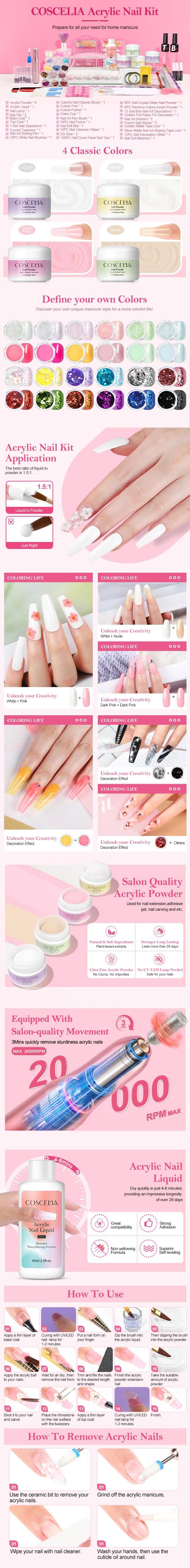 COSCELIA DIY Nail Kit - Acrylic Powder Set with Drill UV Lamp Glitter Base & Top Coat for Beginners Home Use Flawless Cutics Salon Manicure Gift