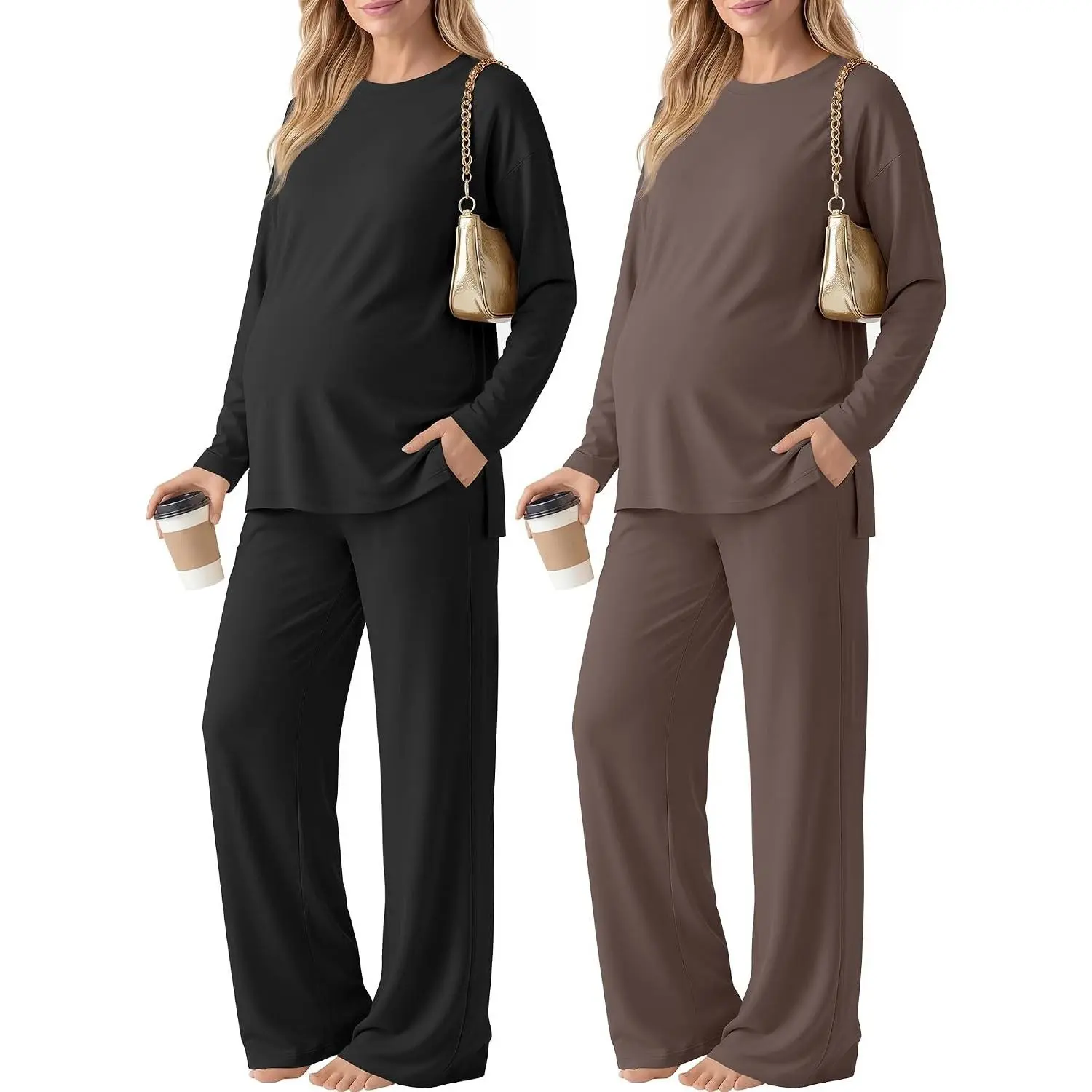2 Pack Maternity Long Sleeve Pajamas Sets | Oversized, Matching Outfits, Lounge Tops, Wide Leg Pants, Pockets, Crew Neck, Soft Stretchy Fabric, Postpartum