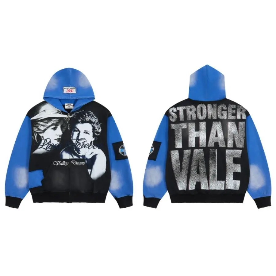 en Valley Dreams Princess Diana Portrait Zip Up Hoodie, Blue Black Gradient Oversized Hooded Sweatshirt, Retro Streetwear Fall Casual Jacket for Men, Halloween Graphic Outfit