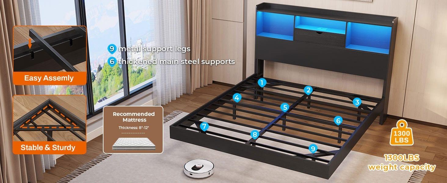 Sikaic Floating Bed Frame with LED Lights and Headboard Storage Black Modern Metal Platform Visual Floating Bed with Charing Station and Stable Structure