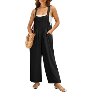 Women's Summer Jumpsuits Boho Wide Leg Overalls Casual Loose Rompers with Pockets