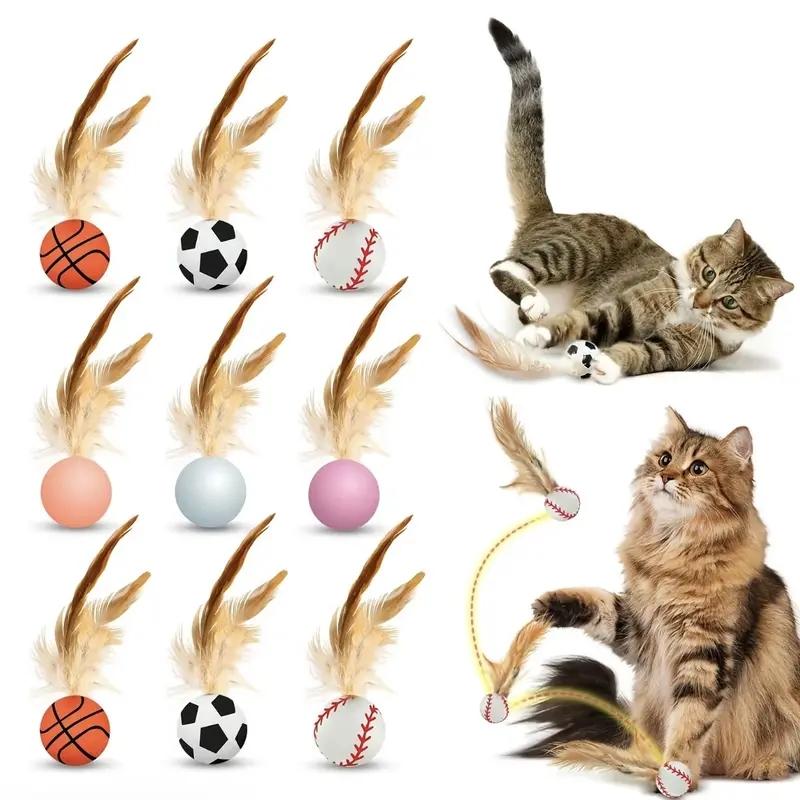 Interactive Cat Toys Set, New Elastic Ball with Feather Tail, Soccer Basketball Baseball Shapes, Indoor Chase Game, Essential Cat Toy
