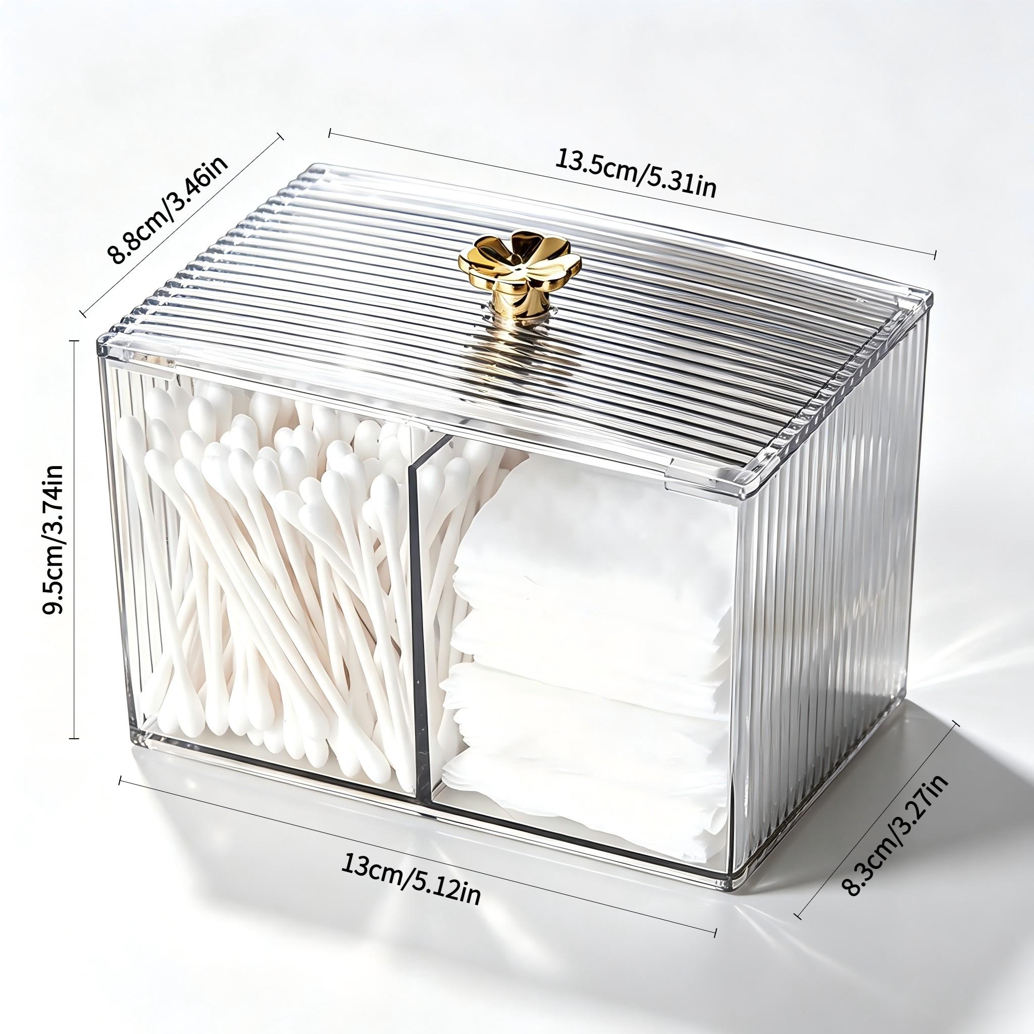 Clear Acrylic Makeup Organizer, 2‑Compartment Dustproof Vanity Storage Box with Lid, Ribbed Cosmetic Container with Lucky Clover Gold Knob for Cotton Pads, Q‑tips & Small Beauty Tools