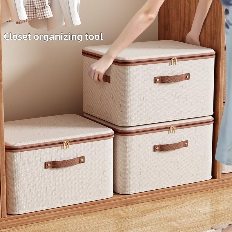 Large Capacity Cotton Linen Storage Box with Zipper, Multi-Functional Organizer for Clothes Bedding Bedroom Closet Office Car Trunk, Clothes Storage Organiser