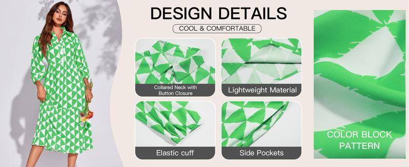 Wenrine Womens Boho Midi Dress Long Sleeve Casual Color Block Beach Button Down Shirt Dress