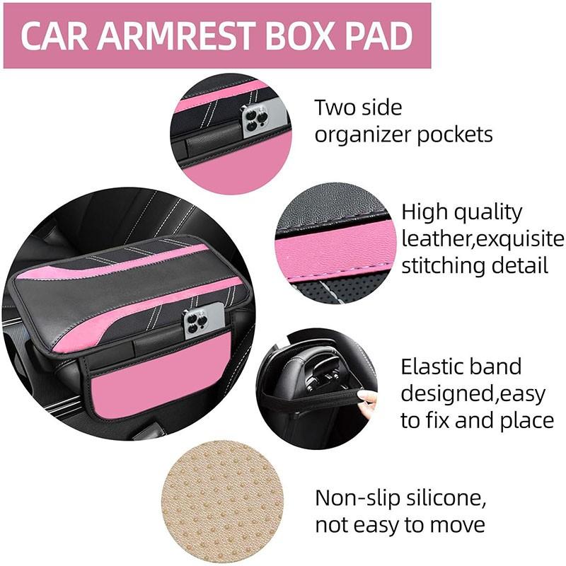 6Counts Car Interior Accessories Set: Sporty PU Leather Steering Wheel Cover (14.5-15 inch Universal), Microfiber PU Leather Car Console Cover, Seatbelt Pads, Cup Holder Pads. Suitable for Men and Women, All Seasons.