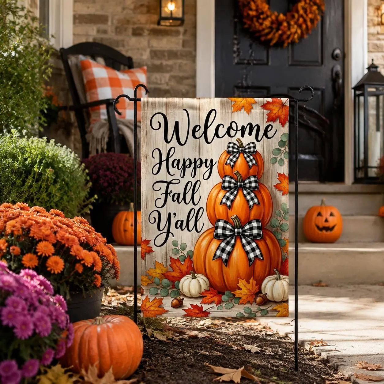 1-Piece Pumpkin Stack Decorative Garden Flag, Rustic Farmhouse Style, Whimsical Buffalo Plaid Bows & Inspirational Typography, for Porch, Yard, Patio & Fall Home Decor