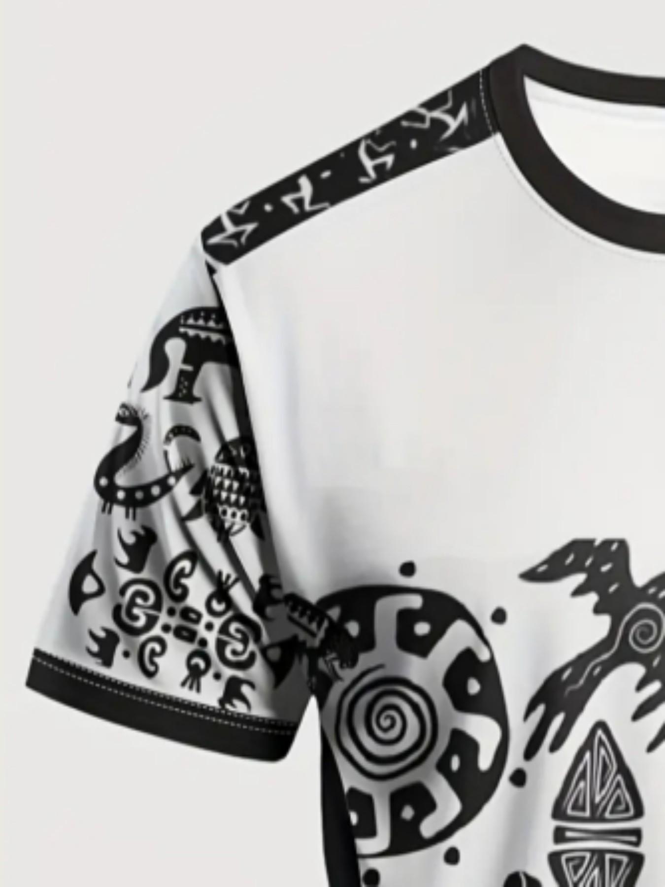 Men's Mexican Aztec Tribal Symbol Sport T-Shirt, Ethnic Street Round Neck Short Sleeve Top, Loose-Fit Geometric Pattern, All Seasons