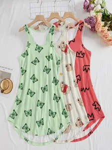 【Plus Size】 Lounge Dress, Casual Soft Comfortable Sleeveless Print Nightdress for Women, Women's Sleepwear for Summer, Homewear, Nightgown Loungewear