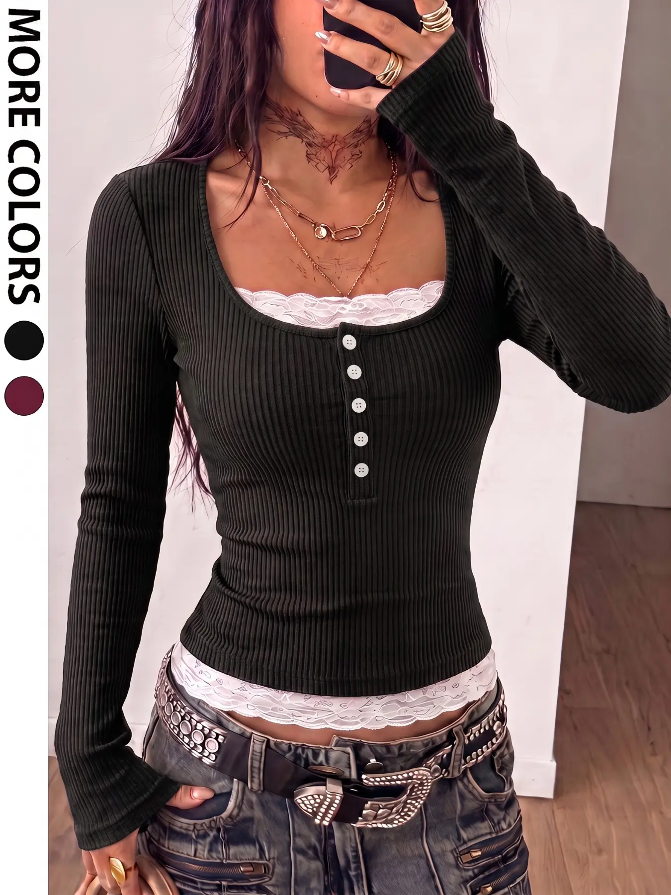 Women's Ribbed Henley Long Sleeve Crop Top, Square Neck Half Button Slim Fit Basic Tee, Y2K Vintage Stretchy Knit Blouse, Fashion Layered Shirt for Streetwear, Shopping & Daily Outfit, 2026 Trendy Solid Color Fitted Long Sleeve Top, Knitwear