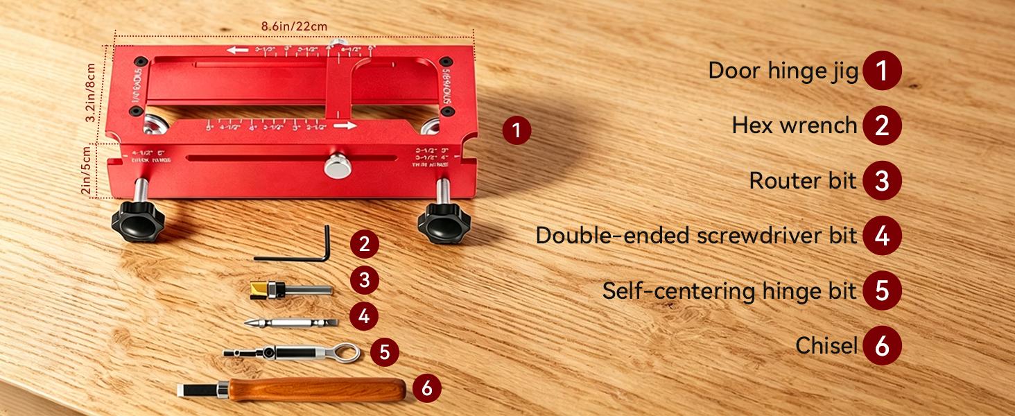 Door Hinge Jig – Aluminum Alloy Cut-Out Tool for Door & Cabinet Hinges, Mortise Jig Fits 2.5" to 5" Hinges, Works with 1/4" and 5/8" Radius and Square Corners