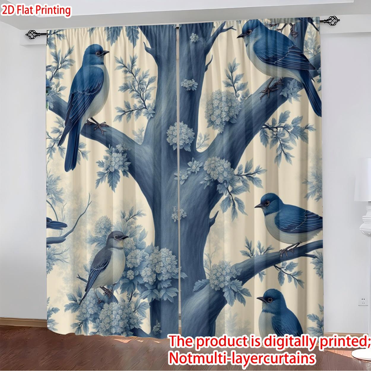 2 pieces, 2D flat printing, polyester materialBlue Birds Perched on TreePatterned print, light-filtering curtains, suitable for decorating bedrooms, living rooms, and other settings; features a rod pocket design for easy rod installation.