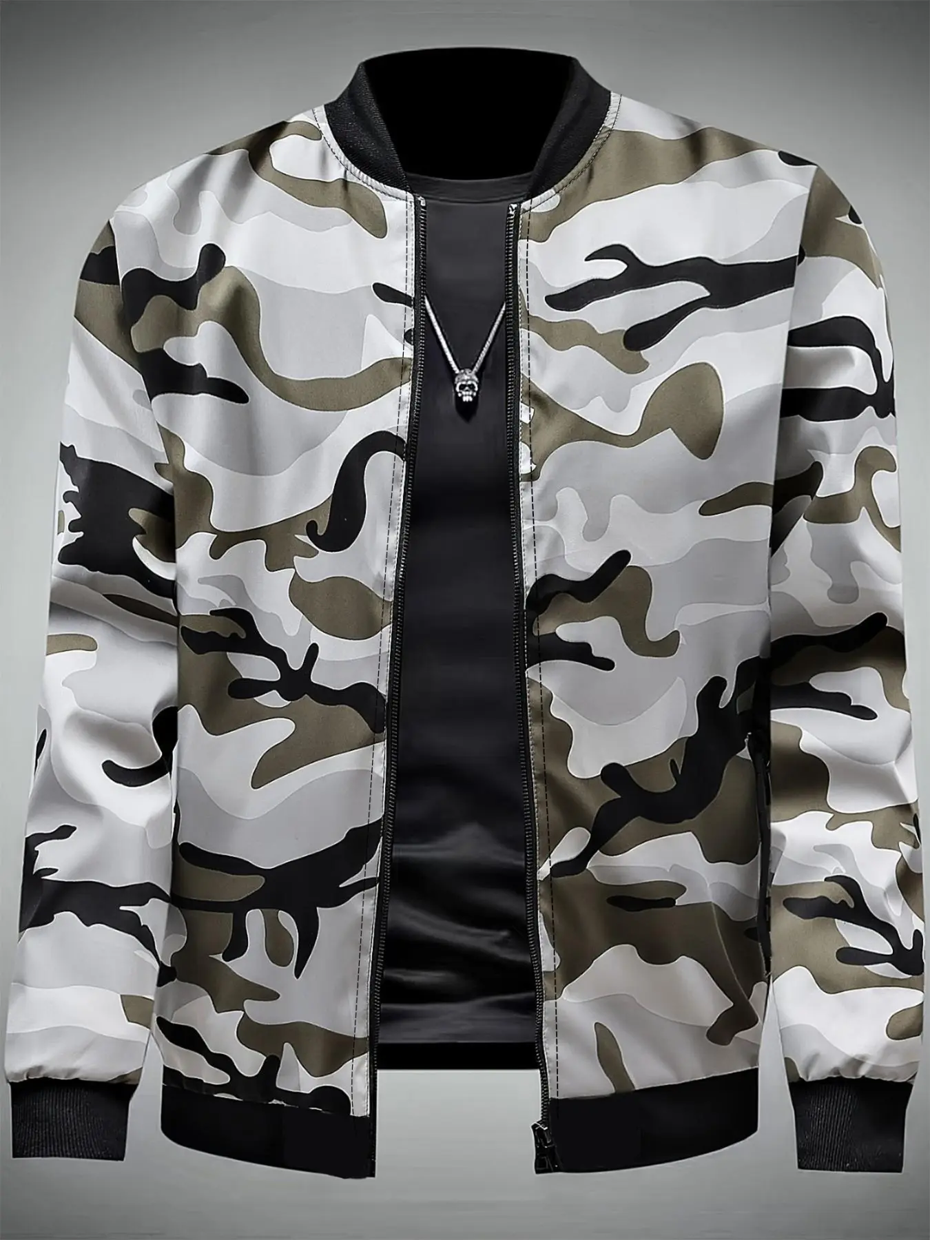 Men's Trendy Camo Baseball Jacket, Classic Ribbed Stand Collar, Full Zipper, Elastic Waist, Windproof Street Style