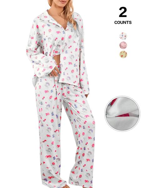 Dancing Again Women's All Over Print Pocket Shirt & Elastic Waist Pants Pyjama, Casual Comfy Button Front Drop Shoulder Collared Top & Trousers Pj Set, Pajamas, Women's Sleepwear & Loungewear for Spring & Fall, Cute Pajama Sets