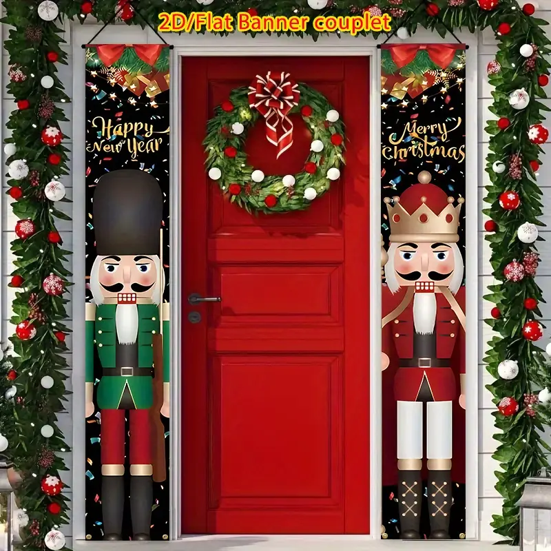 Christmas nutcracker soldier New Year couplets door curtain banner, polyester material, suitable for indoor / outdoor / garden decoration, porch decoration, Christmas New Year party decoration, home decor, Christmas decorations, festive backdrop