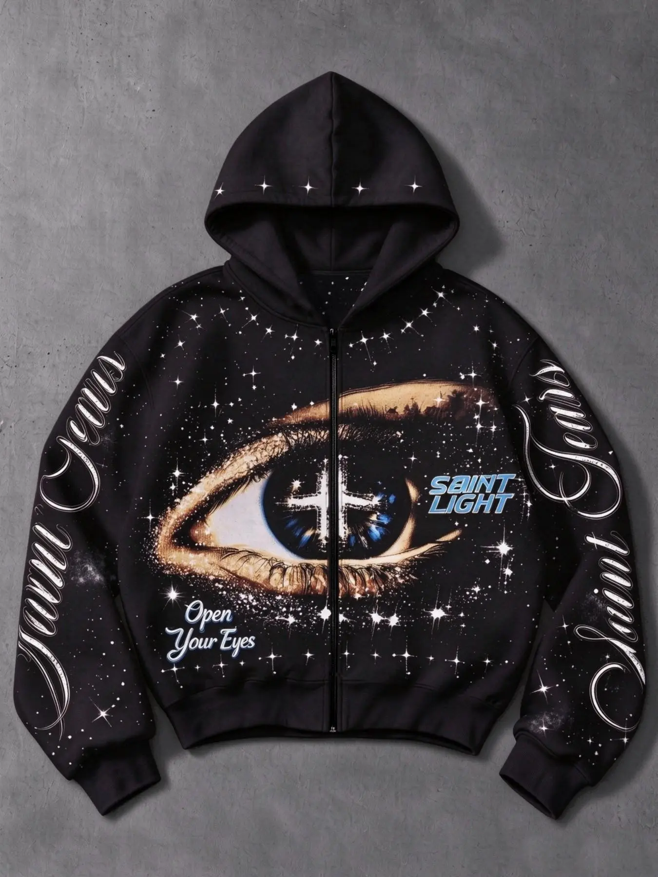 Men's Vintage Saint Light Constellation Eye Print Hooded Zipper Jacket, American Street Style, Loose-Fit Unisex Outer Vest