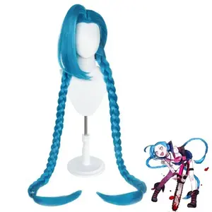 Synthetic LOL Arcane：League of Legends Cosplay Costume Jinx Wigs Blue Double Ponytail Hair For Women Role Play Party