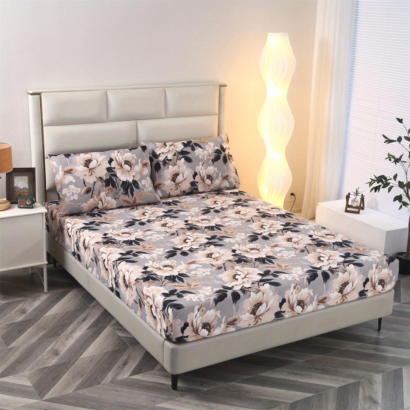 3pcs Floral Print Bedding Set, Floral Sheets, Soft and Comfortable, Suitable for Bedroom, Guest Room, Includes One Fitted Sheet + Two Pillowcases, No Core, Bed Sheet Replacement, Fitted Sheet With Pillowcases, Printed Floral Design, Comfortable Sheet Set