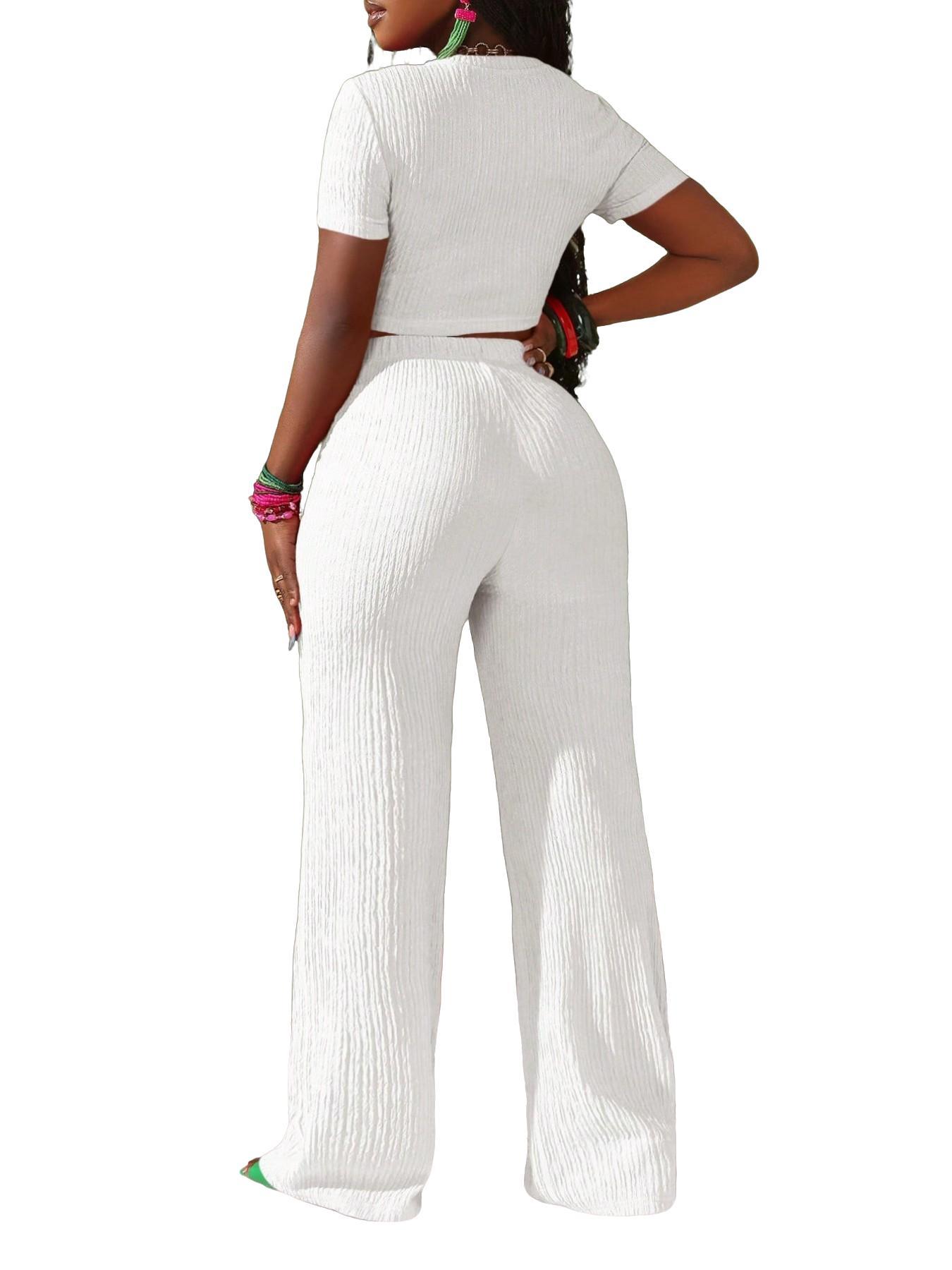 Spring Summer Fashion Minimalist Womenswear Casual Everyday Solid Color Fitted Round Neck Women's Home Set, Comfortable Short Sleeve Top + Long Pants 2 Piece Set Outfit