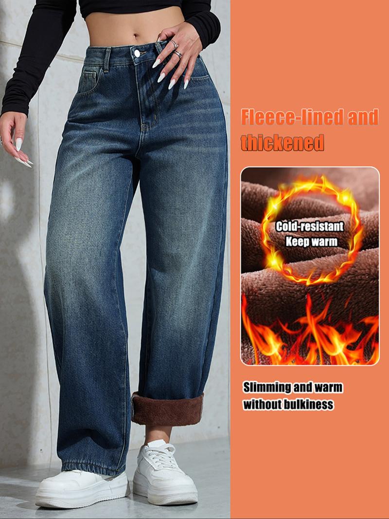 Women's Vintage Fleece Lined Thick Denim Jeans, Fall & Winter Fashion Wide Leg Straight Fit Pants, Elegant Plain Woven Fabric