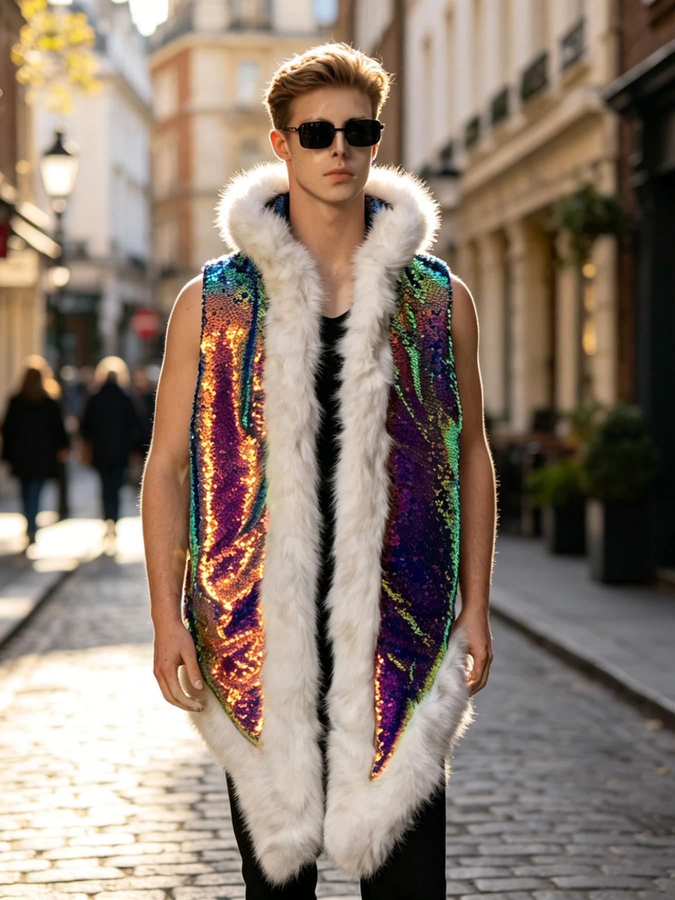 Men's LED Glowing Fake Fur Hooded Vest, Long Sleeveless Jacket, Trendy Party, Versatile Streetwear, Winter Fashion