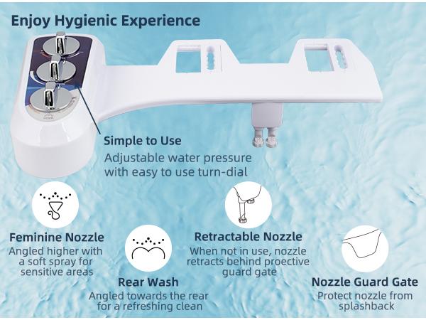 Hibbent Bidet Attachment for Toilet with Self Cleaning Dual Nozzle, Hot and Cold Water Spray Non-Electric Mechanical Toilet Seat Bidet for Rear or Female Washing Sanitizing, Blue