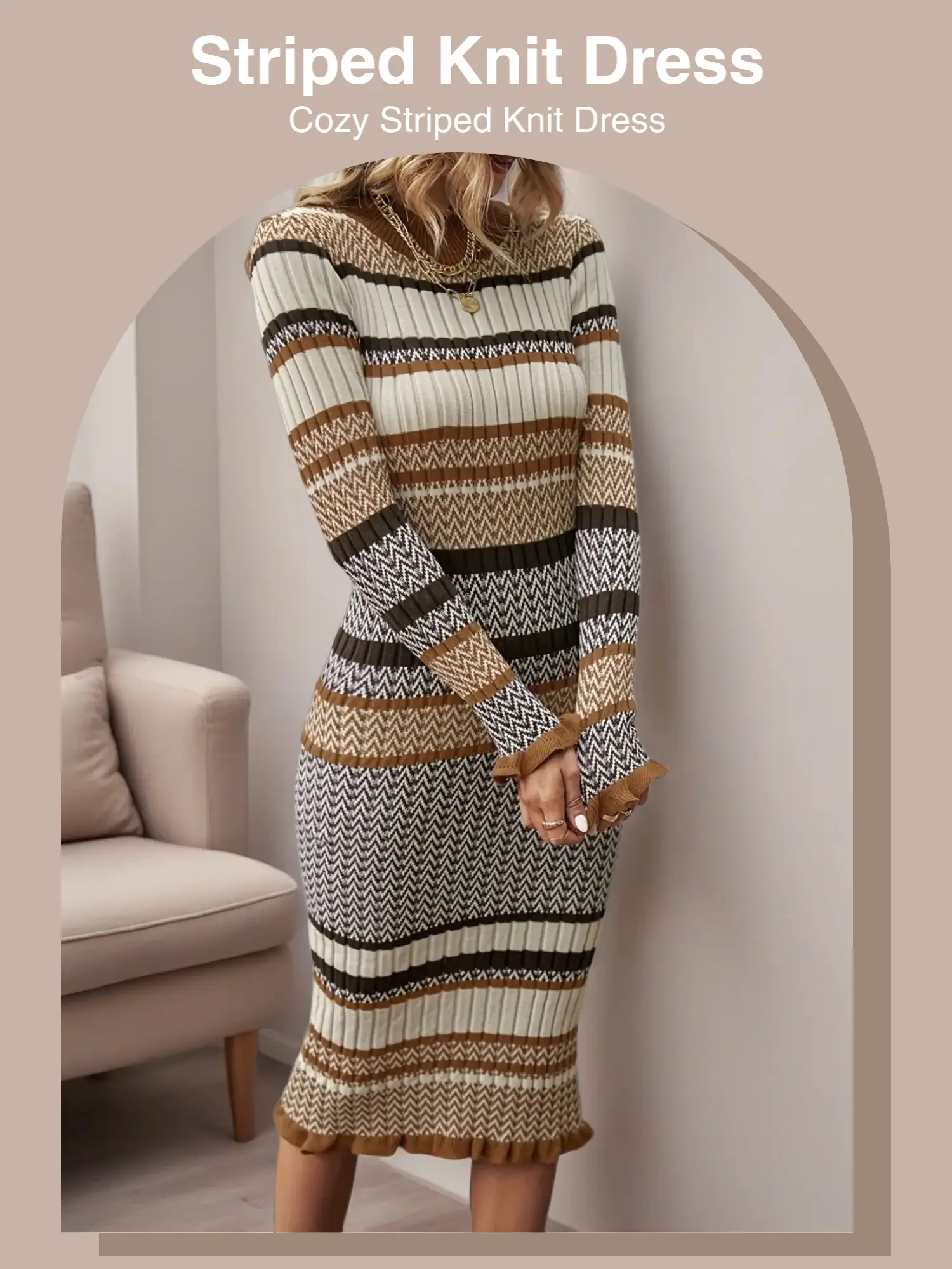 Women's Long Sleeve Striped Knit Dress, Pleated Hem, Tight Fit, Knee Length, Casual Fall & Winter, Multiple Colors Available