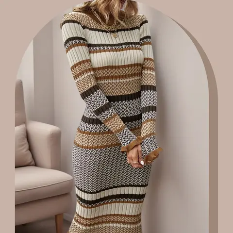 Women's Long Sleeve Striped Knit Dress, Pleated Hem, Tight Fit, Knee Length, Casual Fall & Winter, Multiple Colors Available