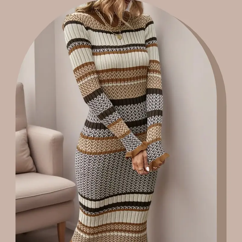 Women's Long Sleeve Striped Knit Dress, Pleated Hem, Tight Fit, Knee Length, Casual Fall & Winter, Multiple Colors Available