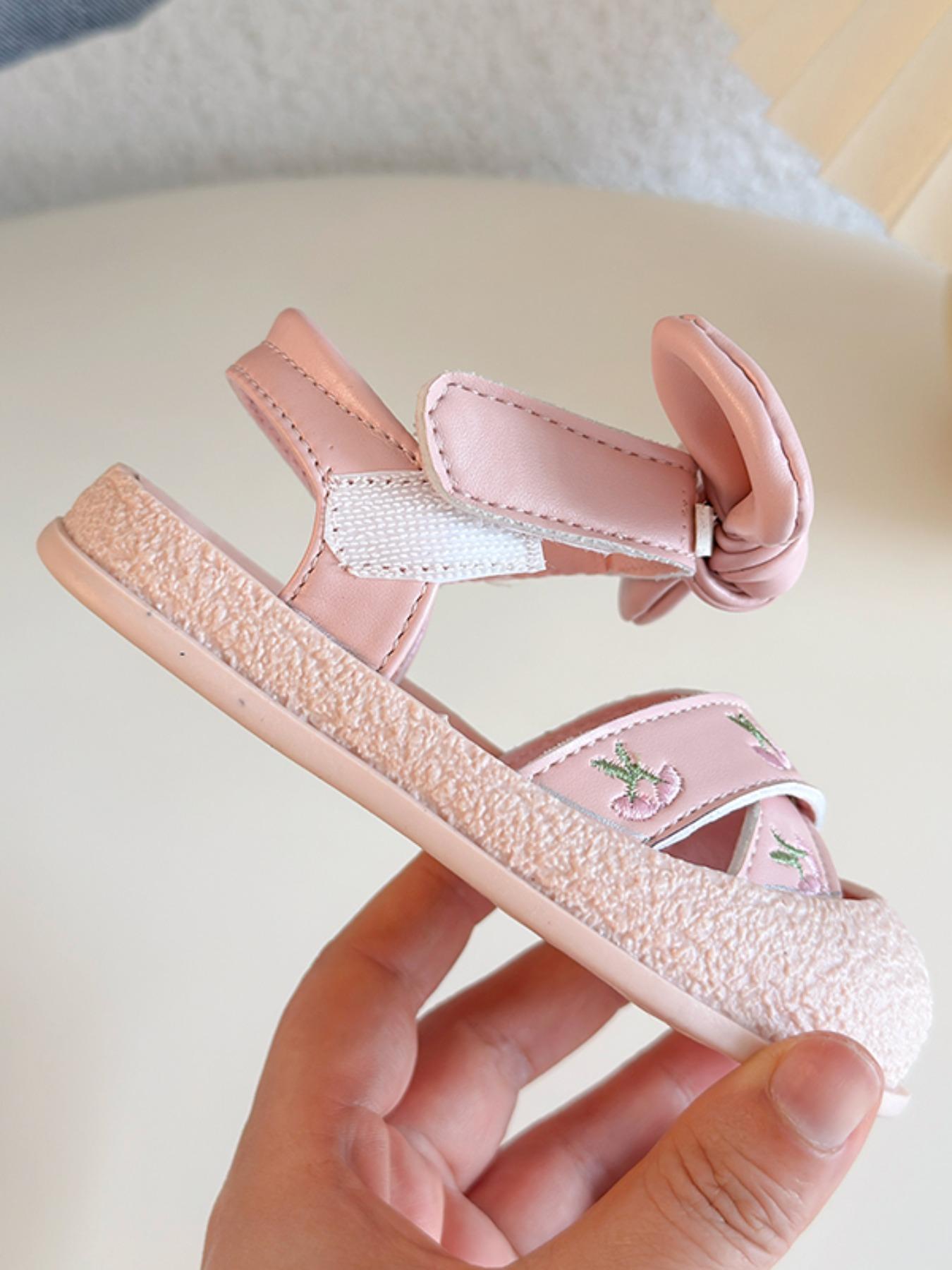 Cherry Embroidery Bow Infant Sandals, Sweet Princess Style, Easy-On Velcro, Soft Toe Protection, Non-Slip Rubber Sole, Summer