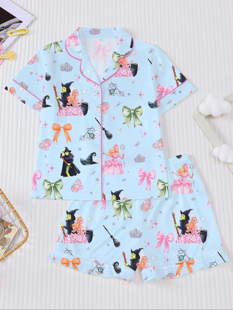 Cartoon Short Sleeve Shorts Pajama Set, New Fire Retardant Button Front Shirt & Loose Elastic Waist Ruffle Pants