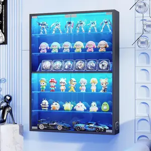 6-Tier Wall Display Case with Glass Doors, LED  Card Display Case with Adjustable Glass Shelves, Shot Glass Display Case for Collectibles, Display Cabinet for Trading Cards, Black