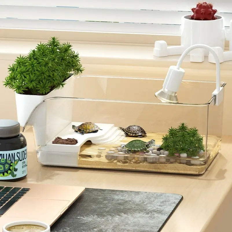 Compact Turtle Crab Aquarium, Desktop Ecological Tank, Includes Ecological Landscape and Back Sunning Area, Small Size 1-15 Gallon