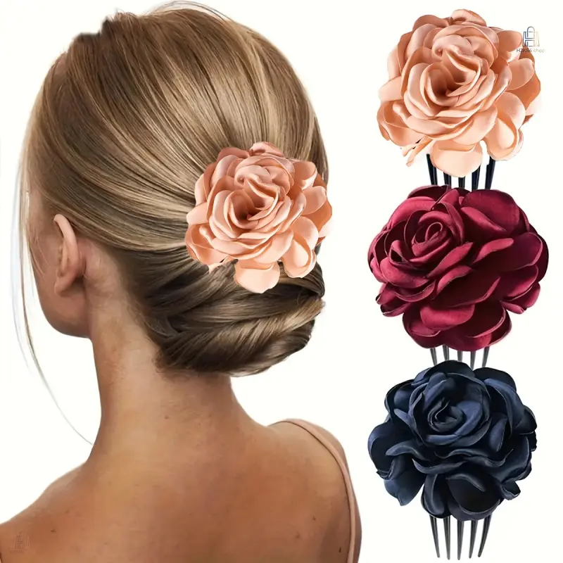 3‑Pcs Solid Rose Boho Floral Hair Combs, Large Artificial Flower Updo Hair Side Combs, Elegant Hair Accessories for Women Daily Wedding All‑Season Party Wearing
