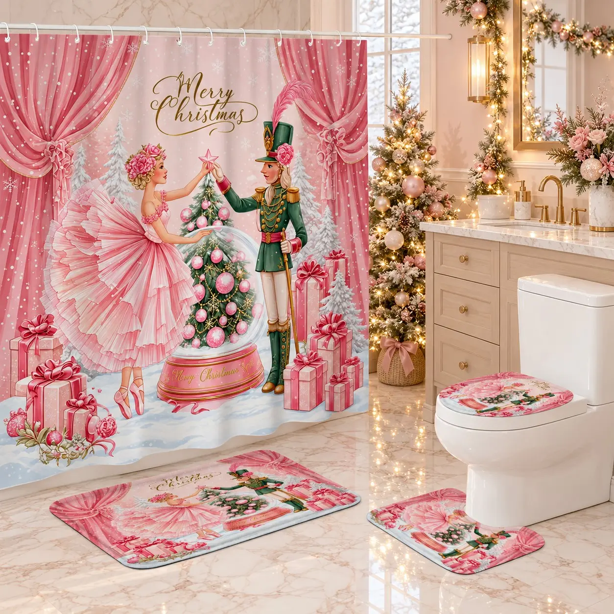 4-Piece Pink Nutcracker Ballet Christmas Decorative Shower Curtain Set, Includes Hooks, Non-Slip Mat, U-Type Toilet Pad, Bathroom Decor