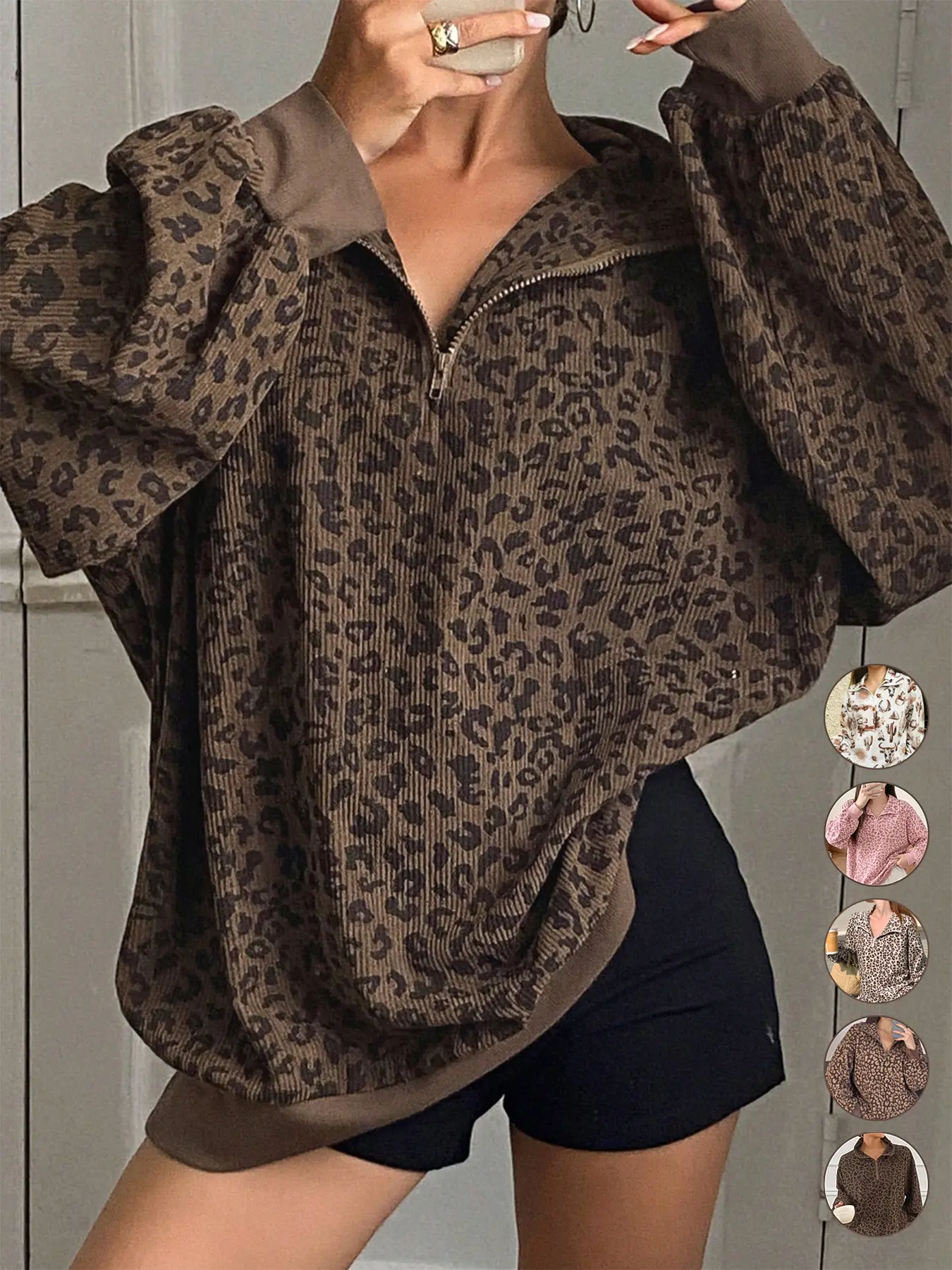 Women's Casual Zip Front Corduroy Long Sleeve Leopard Print Sporty Sweatshirt, Baggy Loose-Fitting Spring & Fall Fashion, Comfortable Daily Wear