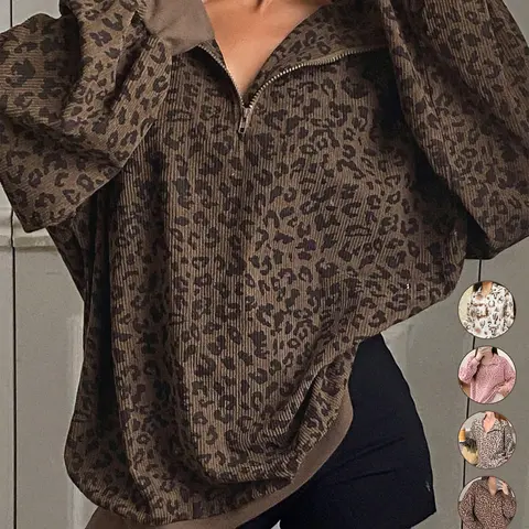 Women's Casual Zip Front Corduroy Long Sleeve Leopard Print Sporty Sweatshirt, Baggy Loose-Fitting Spring & Fall Fashion, Comfortable Daily Wear