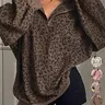 Women's Casual Zip Front Corduroy Long Sleeve Leopard Print Sporty Sweatshirt, Baggy Loose-Fitting Spring & Fall Fashion, Comfortable Daily Wear