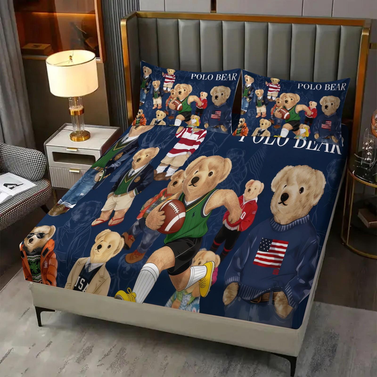 3-Piece Polo Bear Pattern Fitted Sheet Set, Soft And Durable Bedding Set Includes 1 Flat Sheet And 2 Pillowcases, Daily Holiday Birthday Gift Bedroom Decorations For Kids And Adults