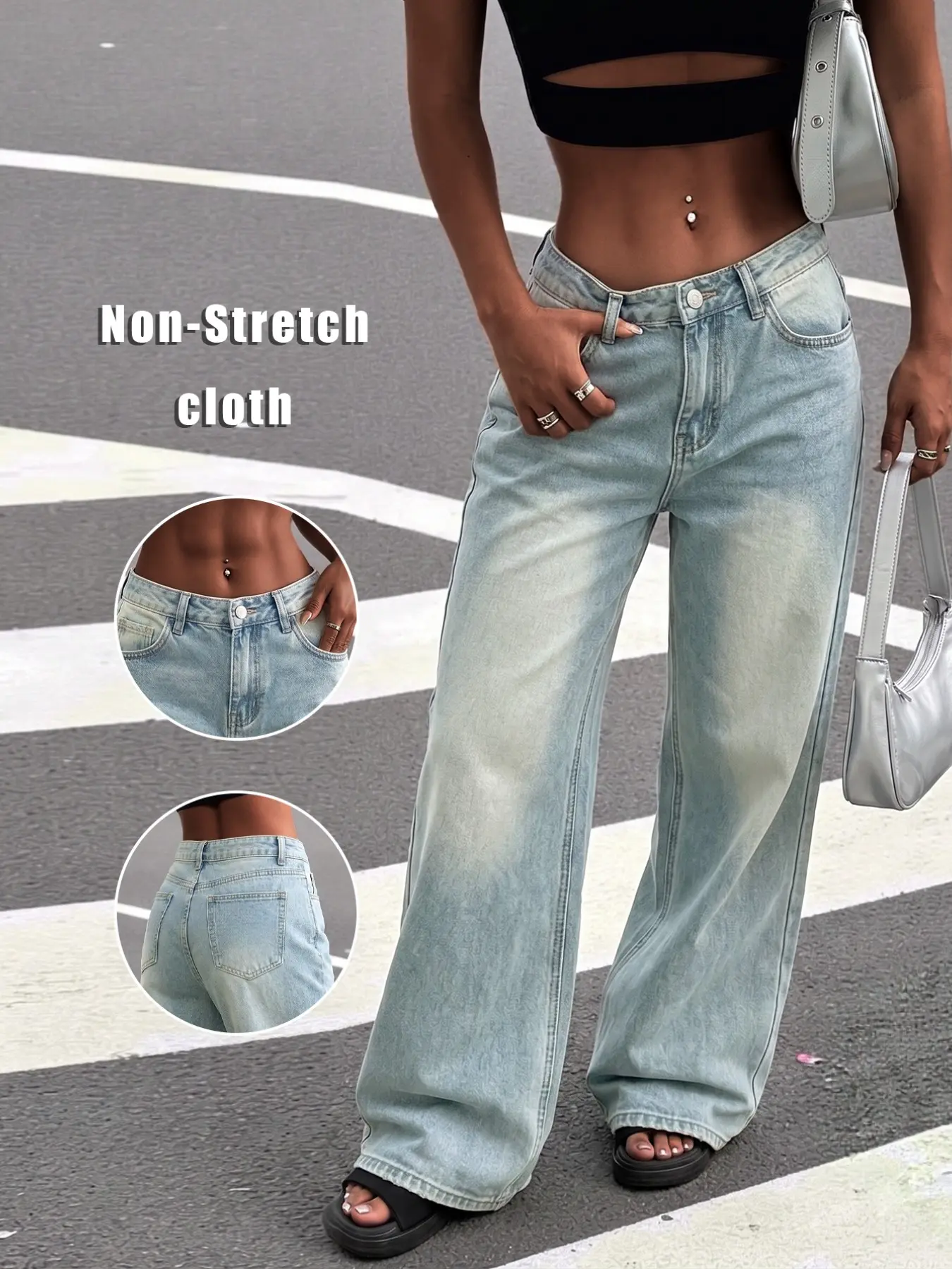 Women Low Rise Light Gradient Wash Wide Leg Baggy Jeans, Non-Stretch Vintage Denim Jeans, 90s Y2K Casual Streetwear Trousers