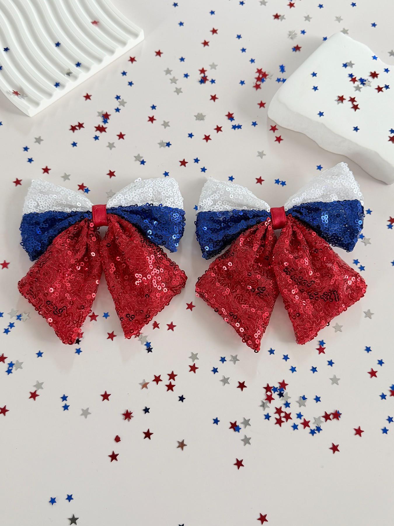 Women's Independence Day Hair Clips Blue Sequins Bow Patriotic Theme Party Headwear, 2pcs Ladies Hair Accessories