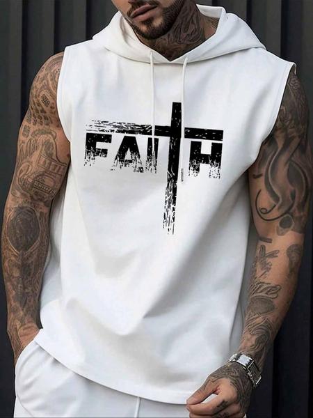 Men's Letter Print Cross & Sleeve Hoodie Tank Top, Regular Fit Casual Street Hooded Sleeveless Top for Summer, Men's Top for Daily Wear, Sweatshirts