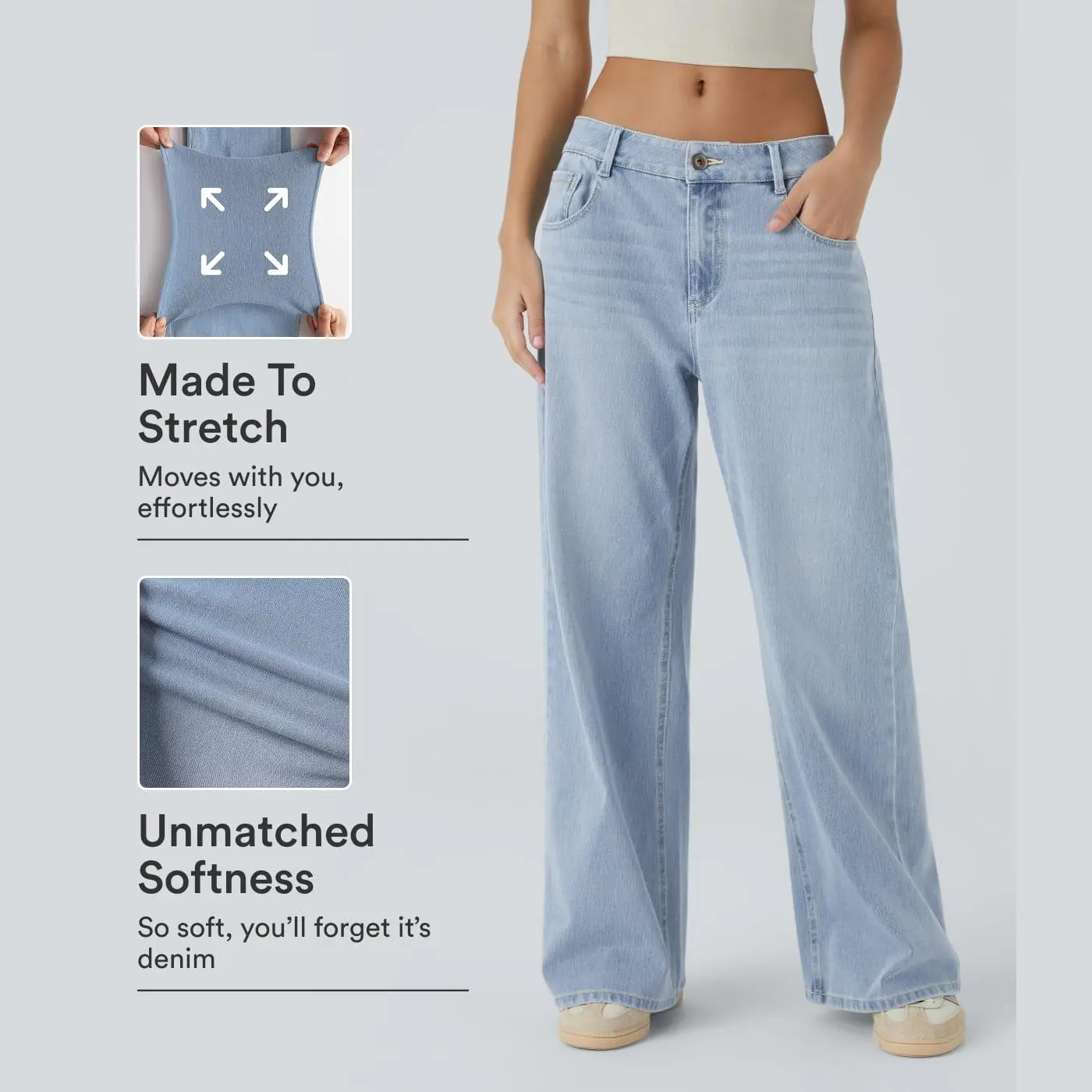 Halara Flex™ Low Rise Zipper Pockets Washed Baggy Wide Leg Casual Jeans