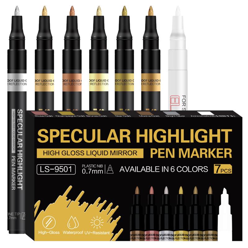 6 Colors High Gloss Liouid Chrome Paint Pen Markers,Metallic Art Paint Marker Pen for Any Surfac for Plastic Glass Rock Ceramic With Marker Clear pen