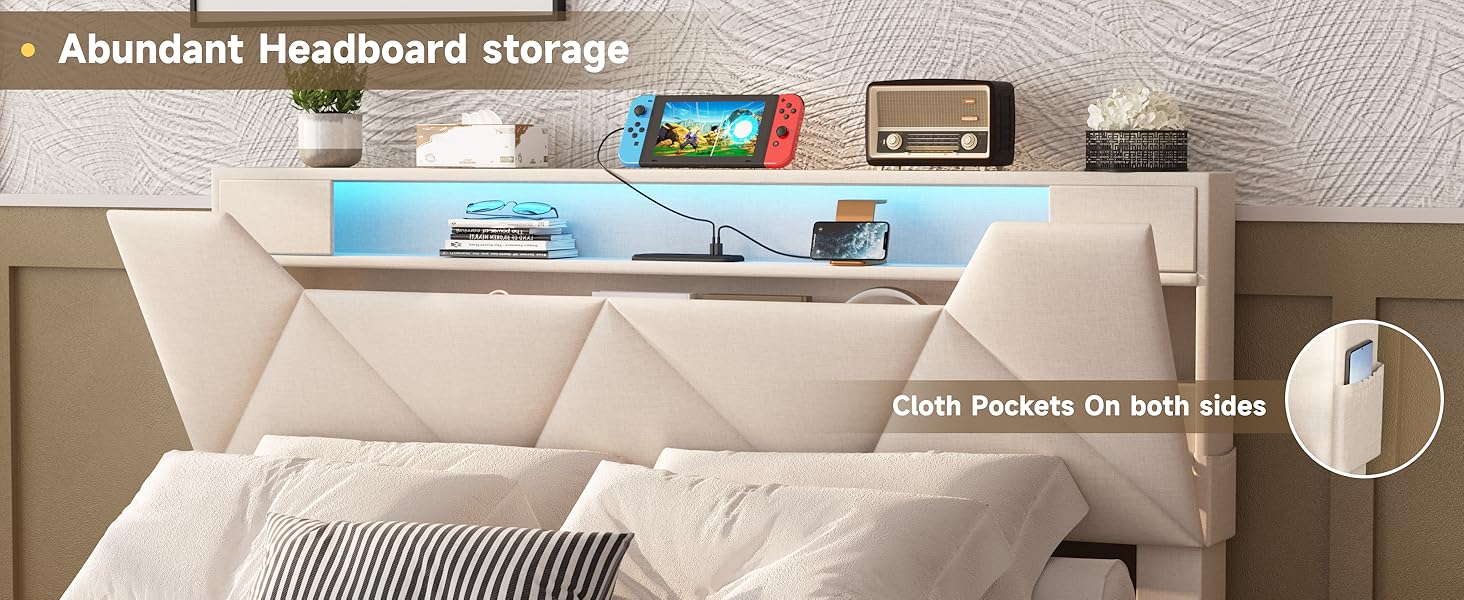 Vabches Bed Frame with Storage Headboard and 4 Drawers,Upholstered Platform with Charging Station and Led Lights,Adjustable Headboard,No Box Spring Needed,Beige