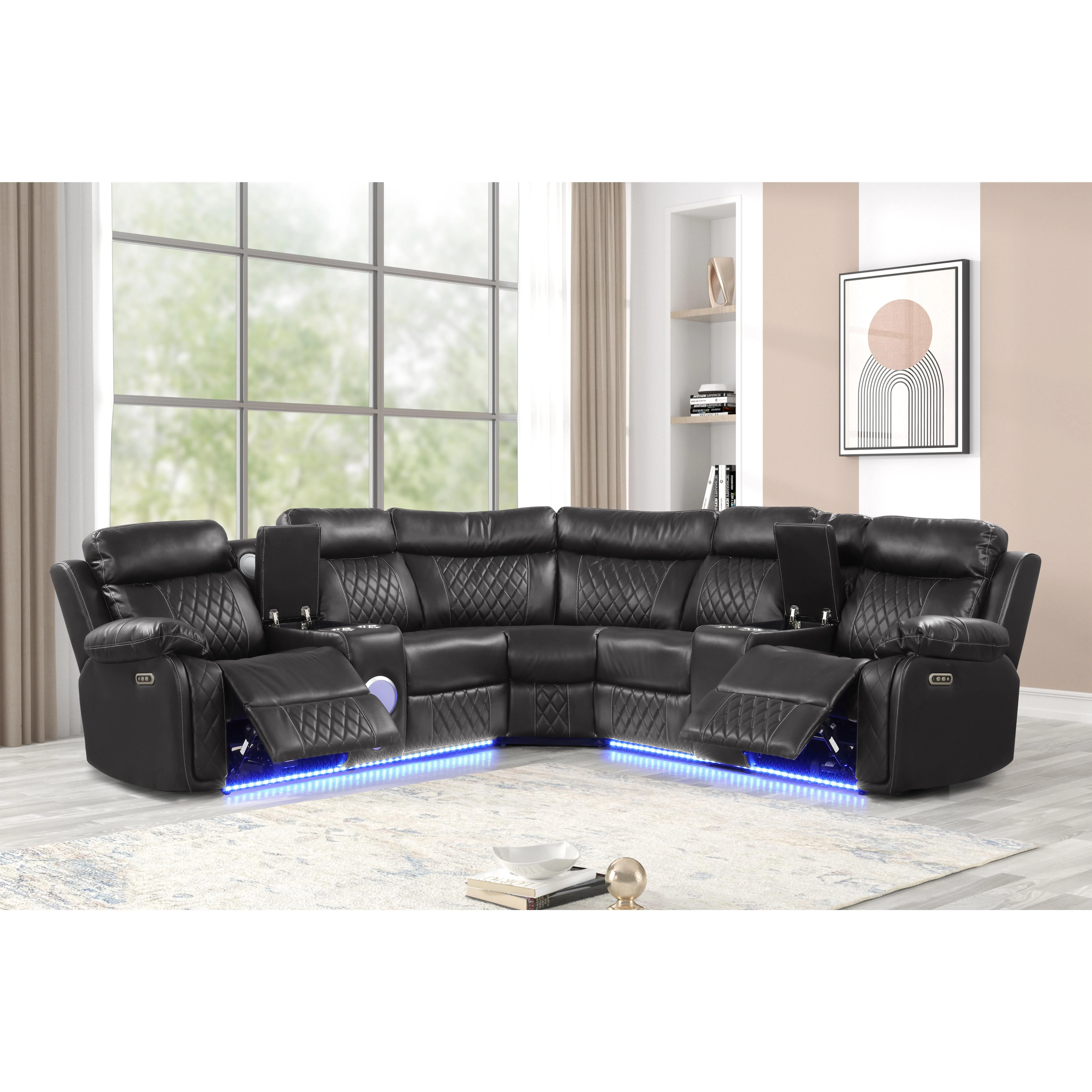 Nokaa Modern L-Shaped Power Recliner Sectional Sofa with Bluetooth Speakers, LED Lights, Console Storage & Cup Holders, Faux upholstered, Gray, 5-Seat, for Living Room, Acacia Wood & Metal Frame